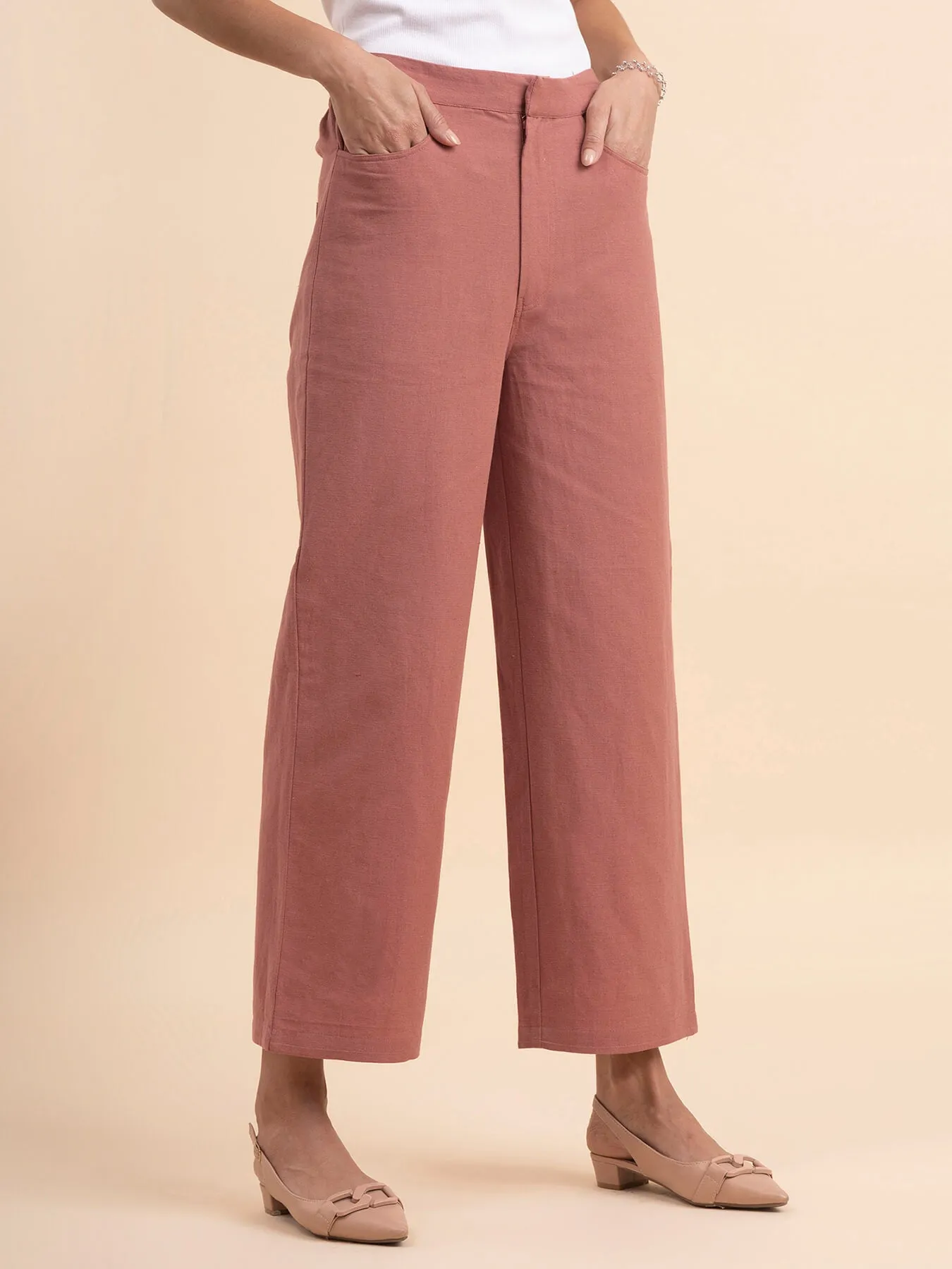 Linen Wide-Leg Trousers - Dusty Pink