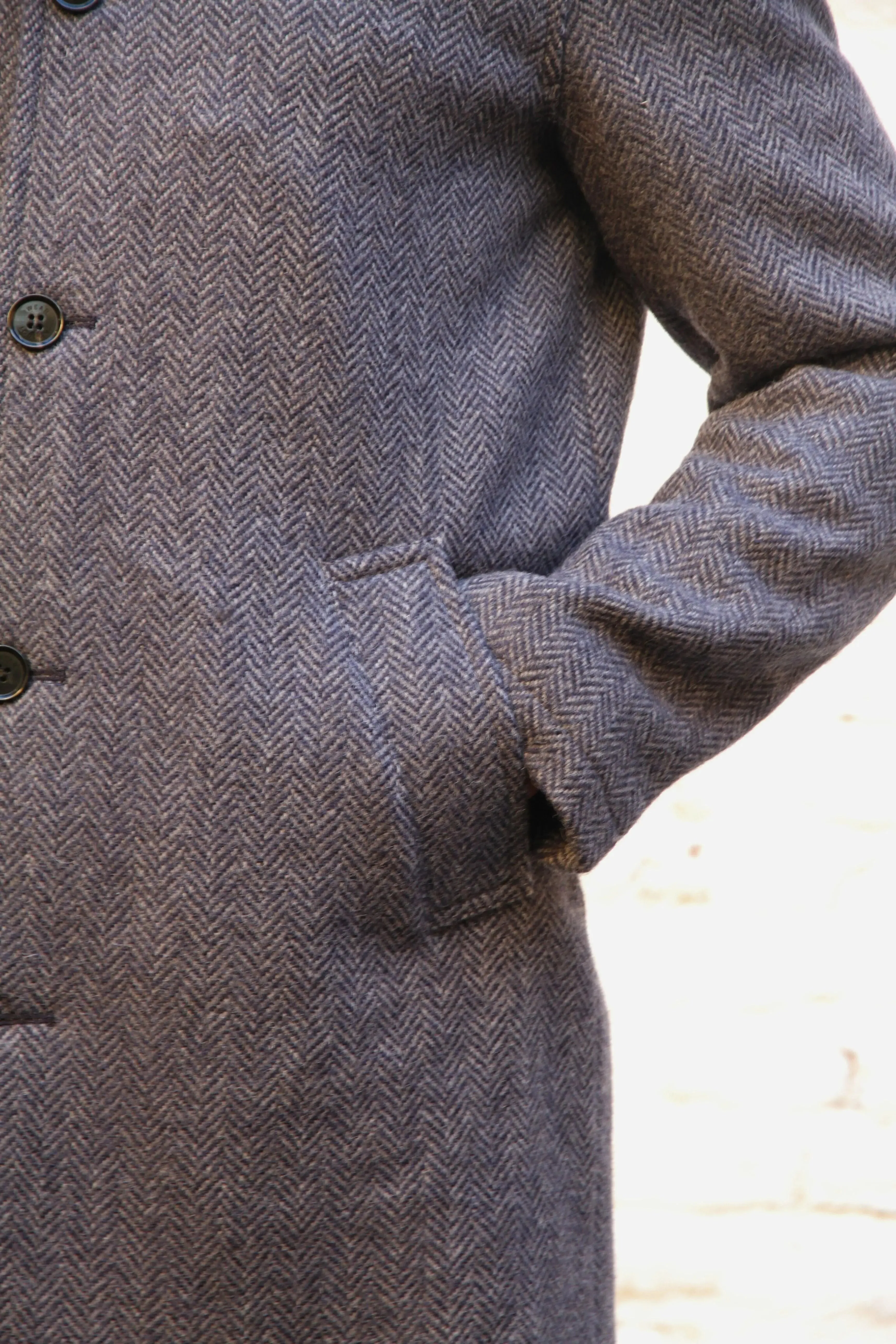 London Tab Lined Coat - Navy Grey Herringbone