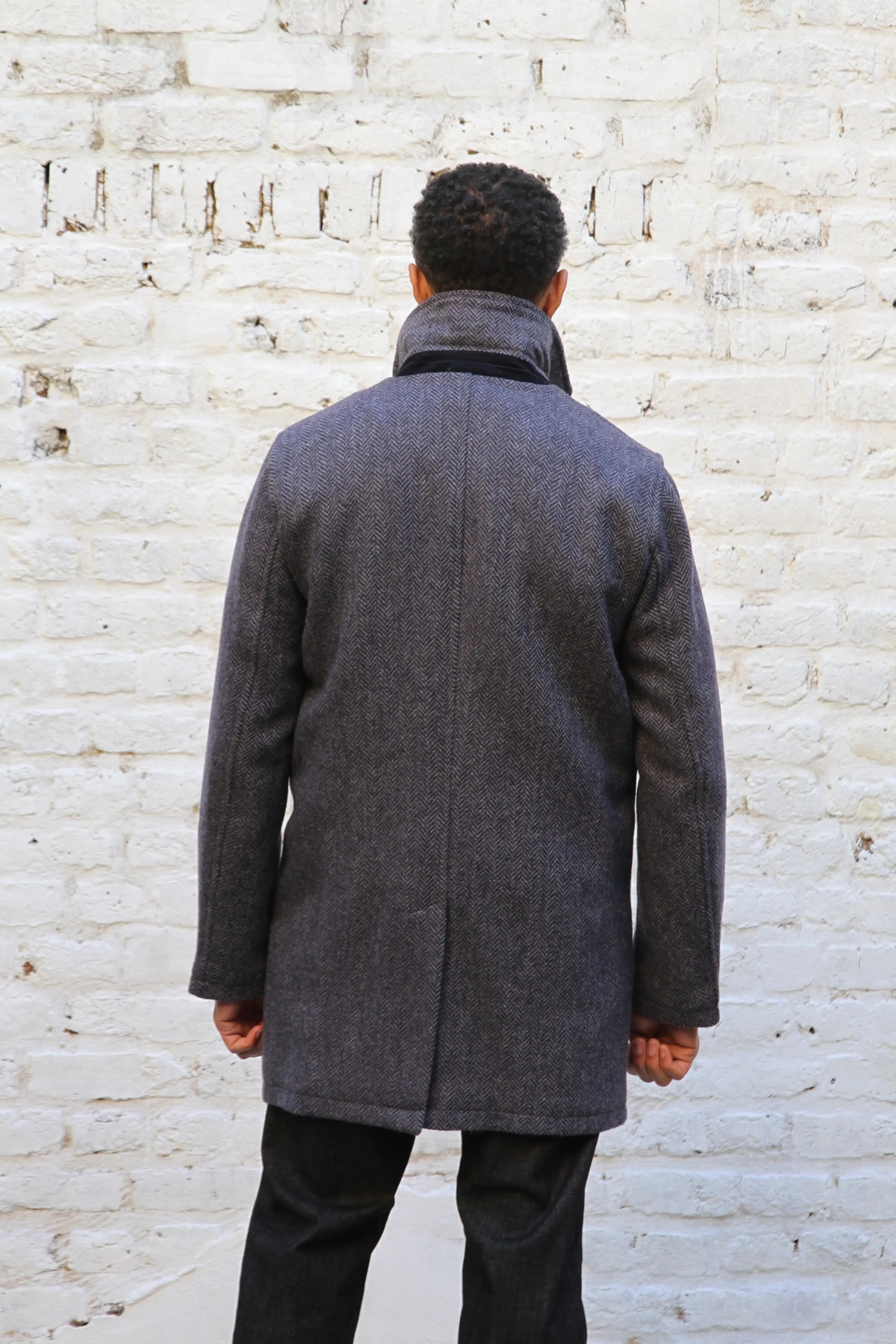 London Tab Lined Coat - Navy Grey Herringbone