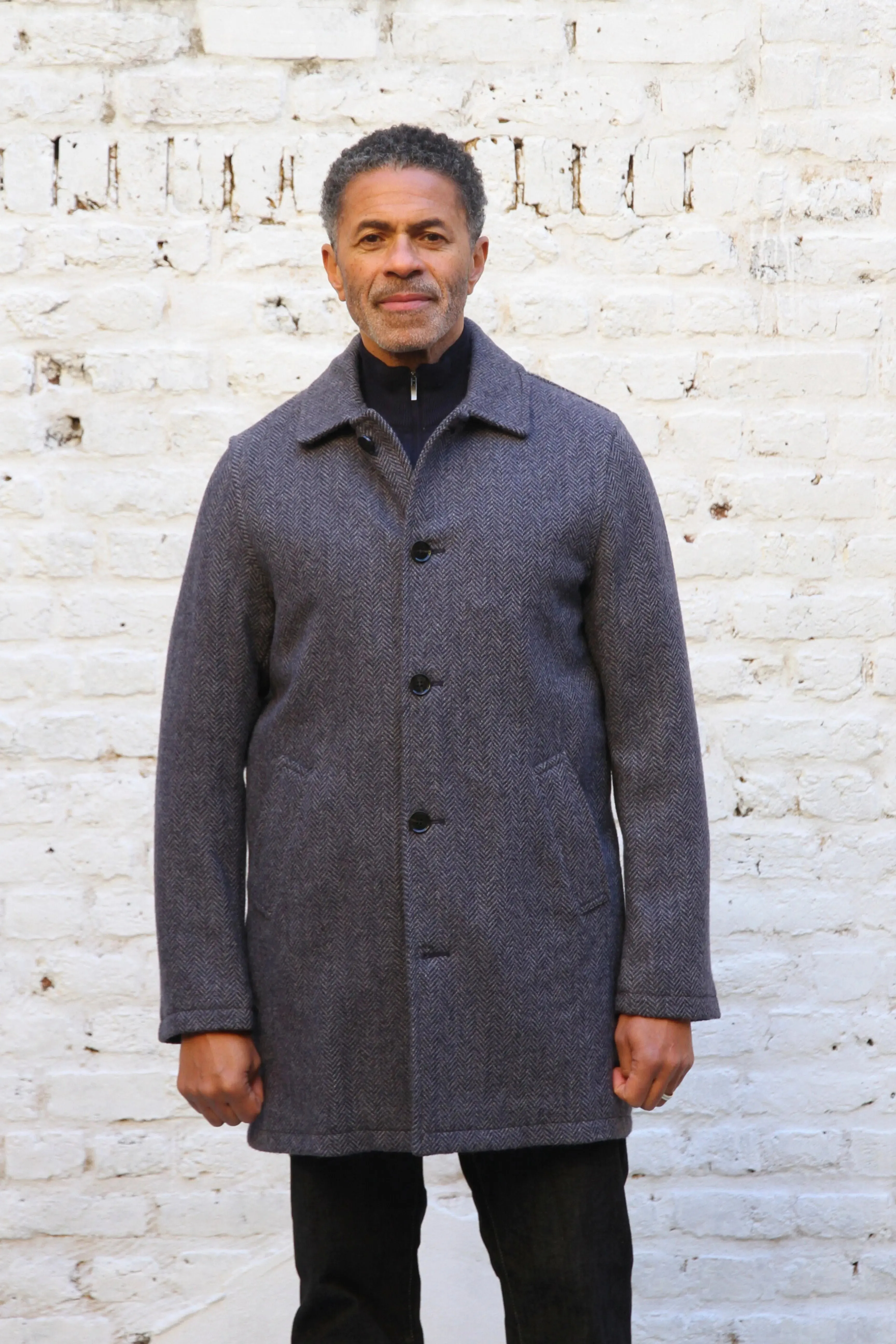 London Tab Lined Coat - Navy Grey Herringbone