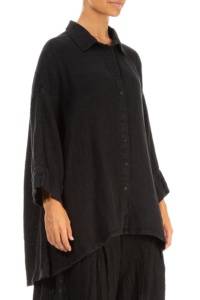 Loose Black Textured Linen Shirt