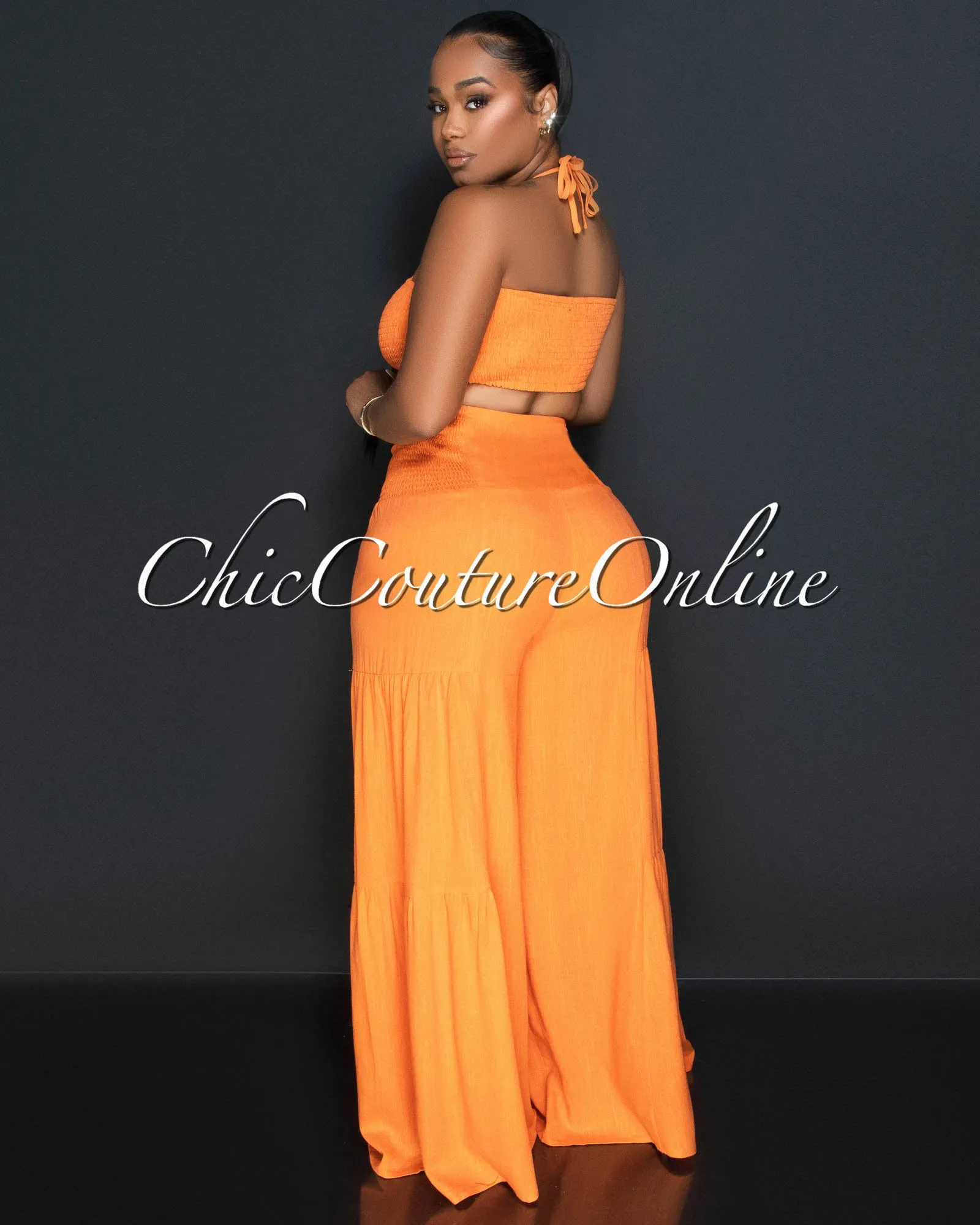 Lula Orange Halter Smocked Crop Top & Linen Wide Pants Set