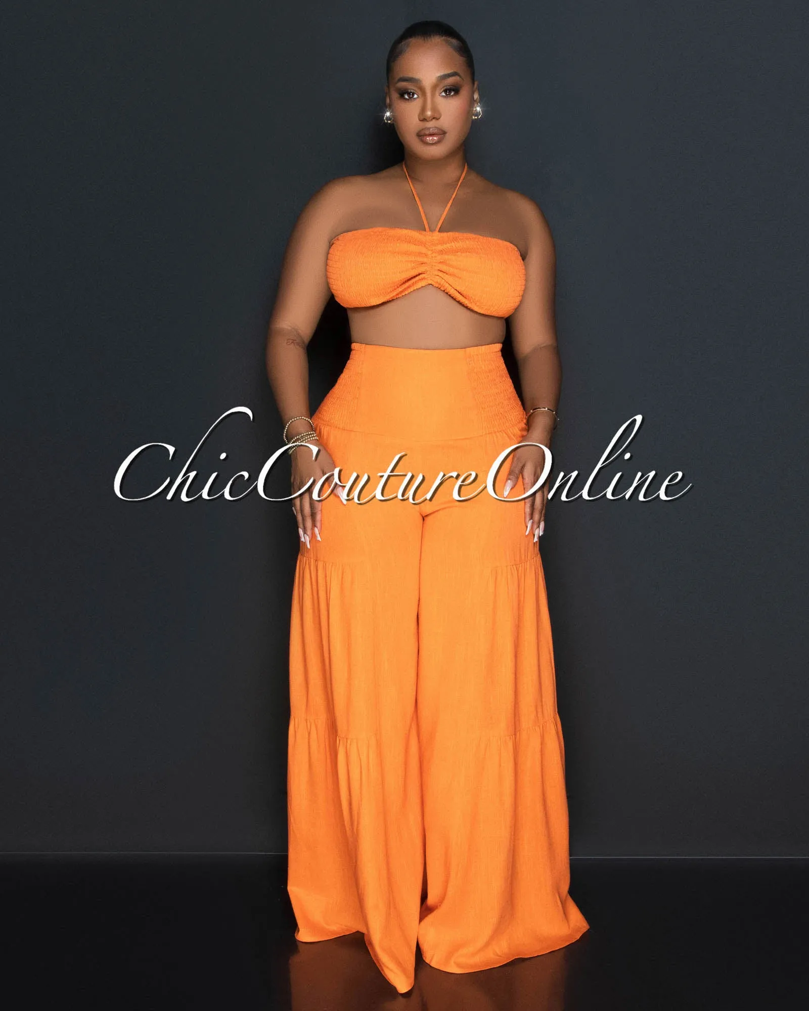 Lula Orange Halter Smocked Crop Top & Linen Wide Pants Set