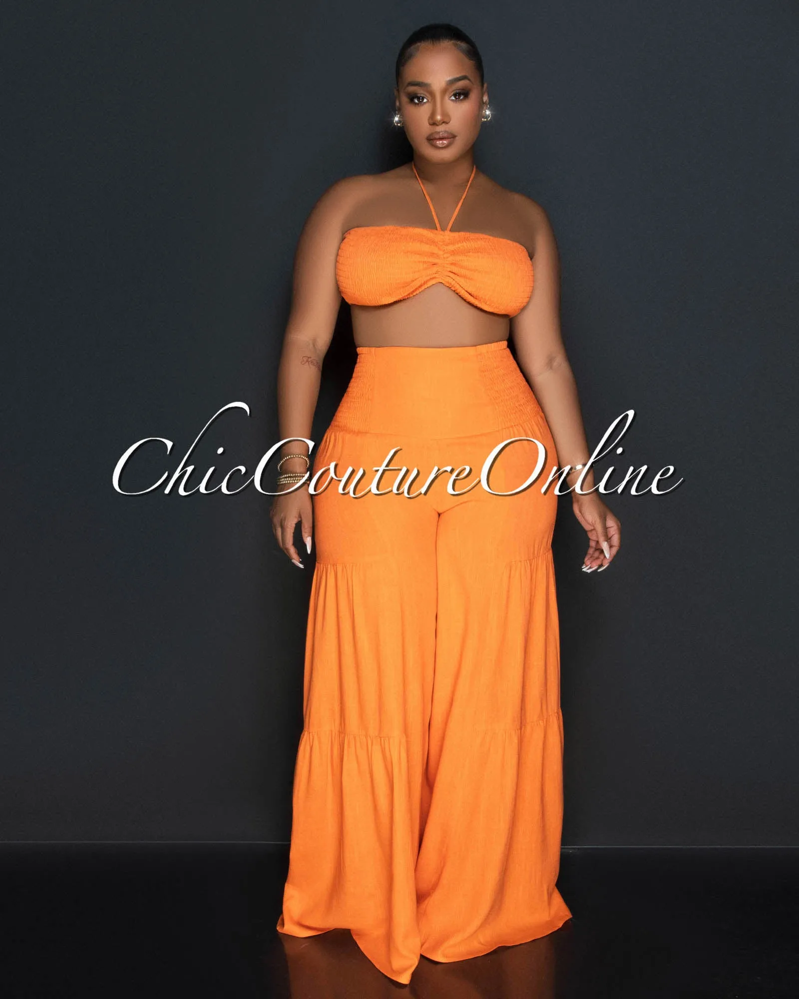 Lula Orange Halter Smocked Crop Top & Linen Wide Pants Set