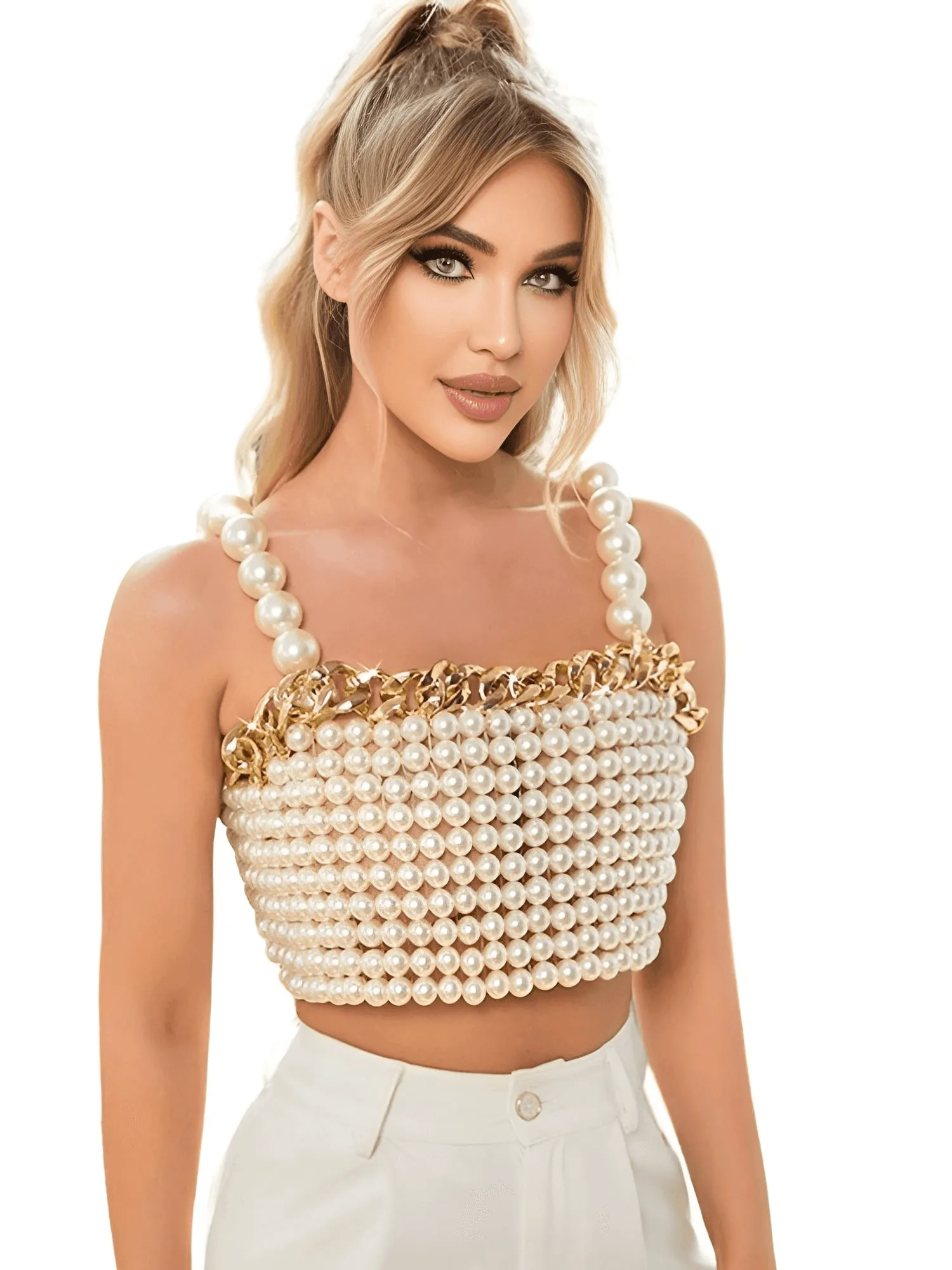 Luxury White Pearl Crop Top with Gold Metal Chain