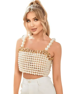 Luxury White Pearl Crop Top with Gold Metal Chain