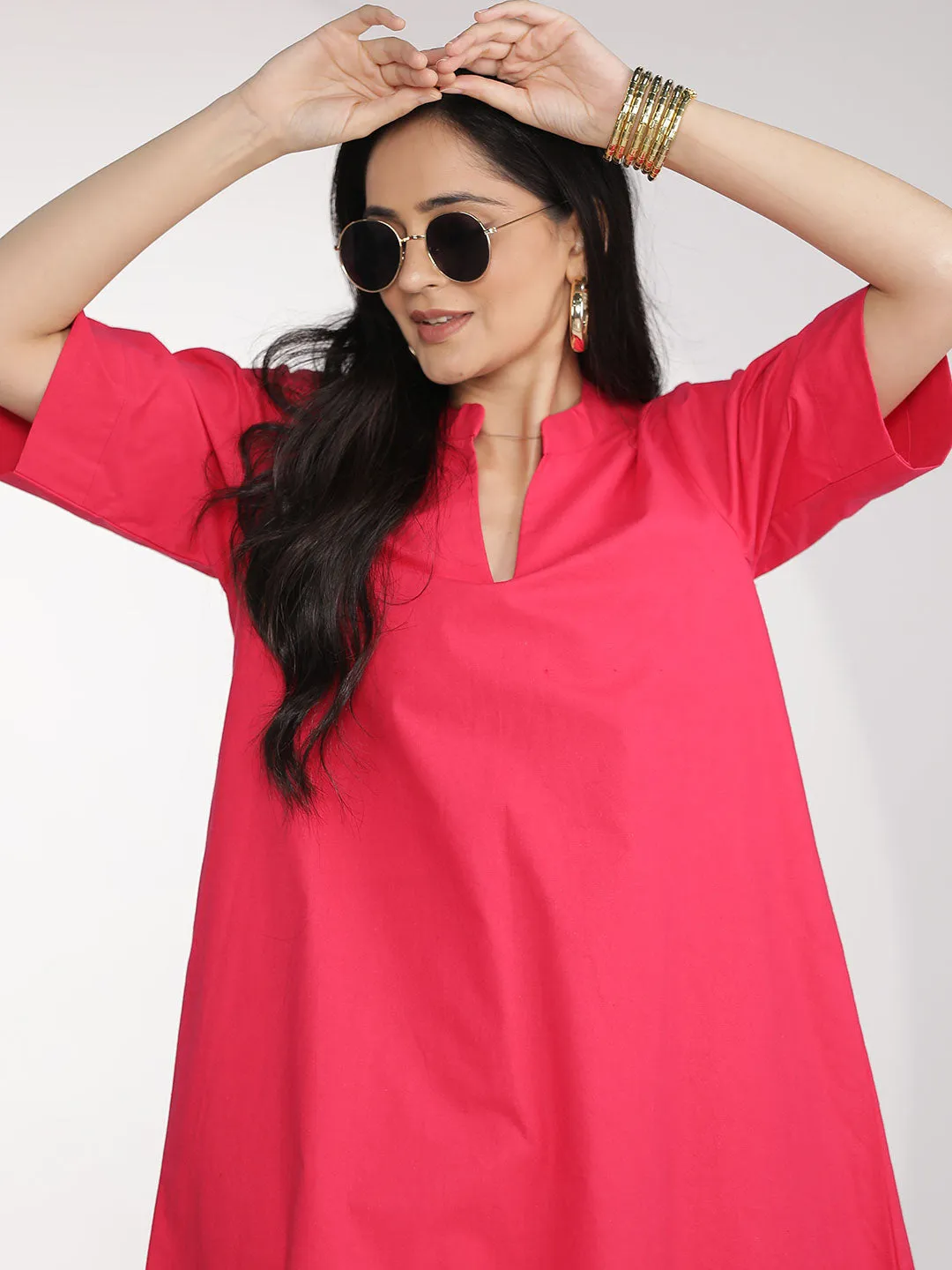 Magenta Poplin HighLowKurti & Tapered Pants