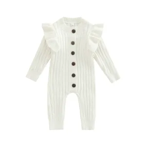 Mandi - Baby Girls Romper Cotton Knit Long Sleeve Ruffle Jumpsuit , Color - White