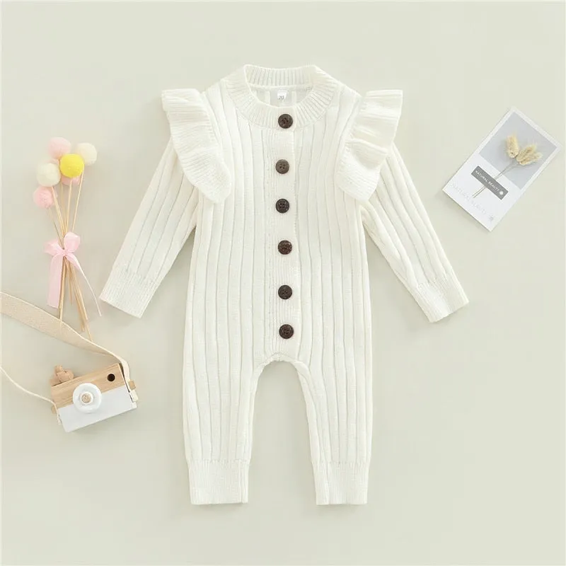 Mandi - Baby Girls Romper Cotton Knit Long Sleeve Ruffle Jumpsuit , Color - White