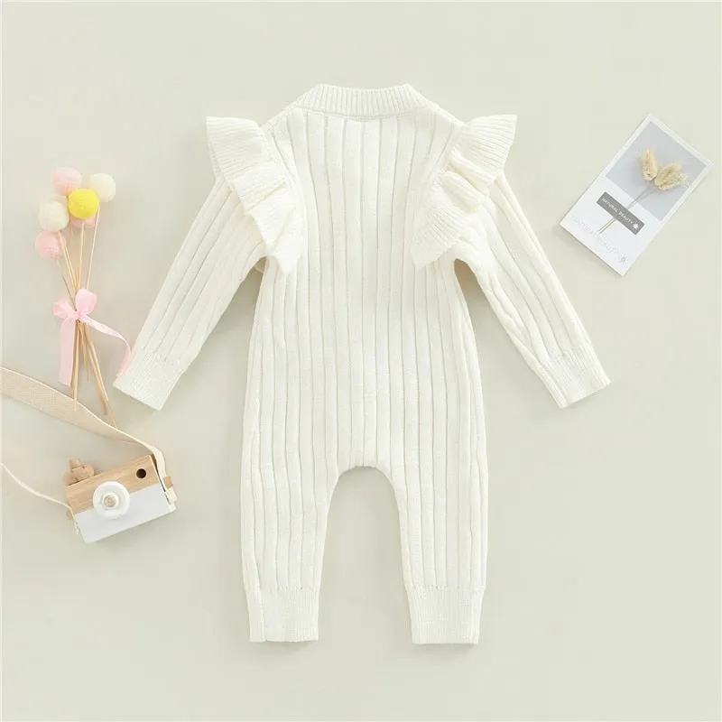 Mandi - Baby Girls Romper Cotton Knit Long Sleeve Ruffle Jumpsuit , Color - White