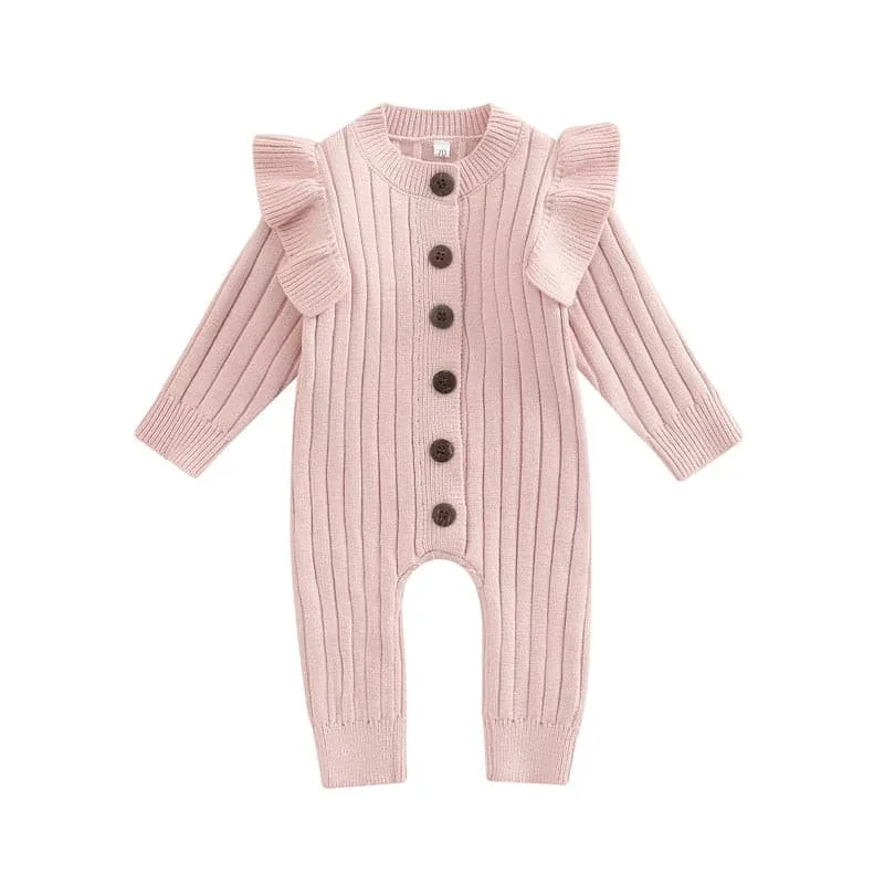 Mandi - Baby Girls Romper Cotton Knit Long Sleeve Ruffle Jumpsuit  - Rose Pink