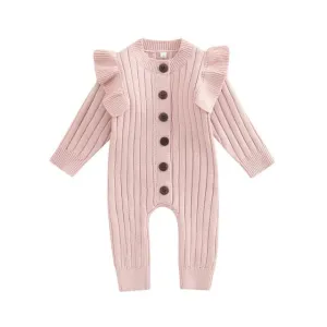 Mandi - Baby Girls Romper Cotton Knit Long Sleeve Ruffle Jumpsuit  - Rose Pink