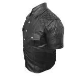 Mens Black Leather Police Uniform Style Shirt Quilted Shoulder - PSHS2