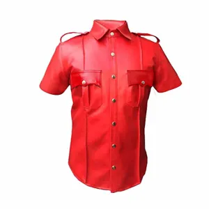 Mens Cow or Sheep Red Leather Police Uniform Style Shirt - (PSHS-RED)