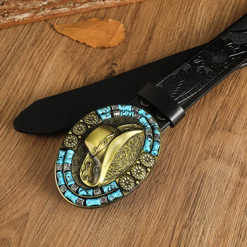 Men's Cowboy Gold Hat Turquoise Decor Leather Belt