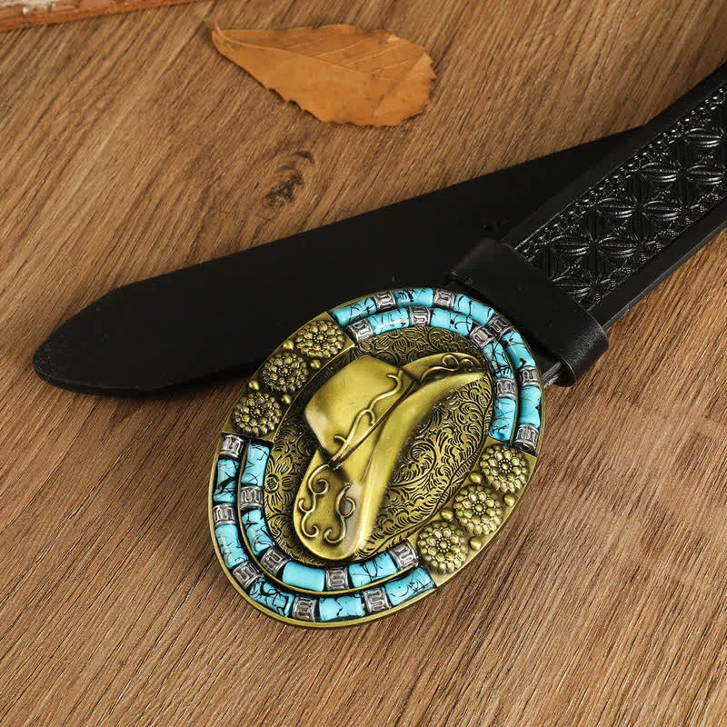 Men's Cowboy Gold Hat Turquoise Decor Leather Belt