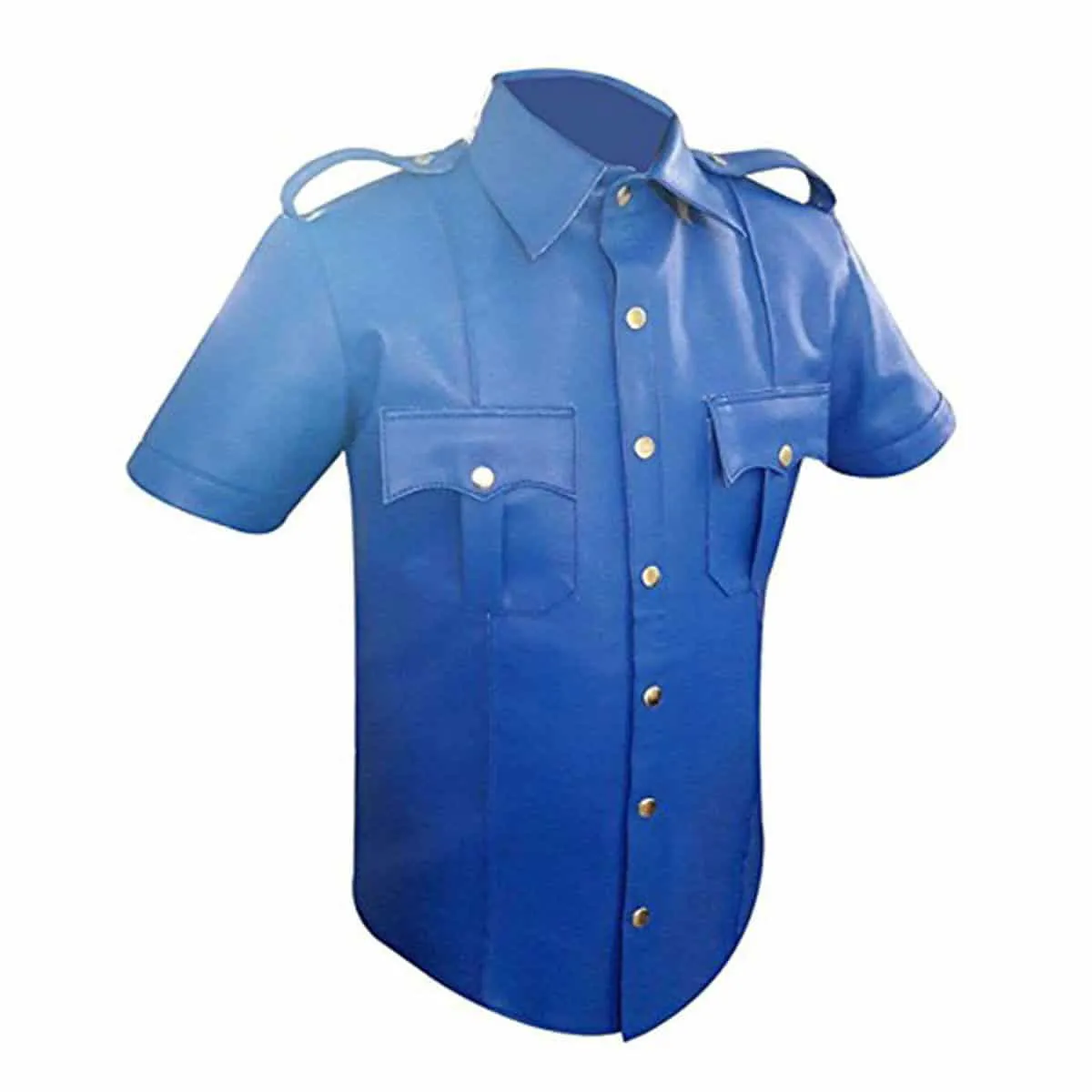 Mens Hot Genuine Blue Leather Police Uniform Style Shirt - (Pshs-Blu)