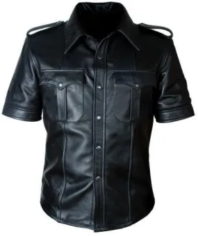 Mens Hot Genuine Real Leather Police Uniform Bluff Gay Shirt