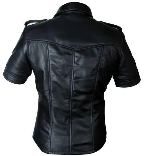 Mens Hot Genuine Real Leather Police Uniform Bluff Gay Shirt