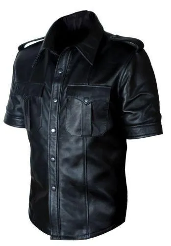 Mens Hot Genuine Real Leather Police Uniform Bluff Gay Shirt