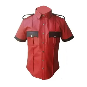 Men's Police Uniform Style Cow or Sheep Red Leather Shirt - (PSHS-RED-BLK)