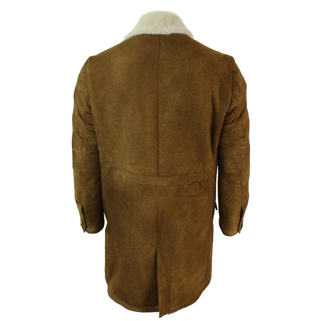 Mens Sherling Sheepskin Tan Brown Crombi 3/4 Overcoat Vintage Retro Winter Warm