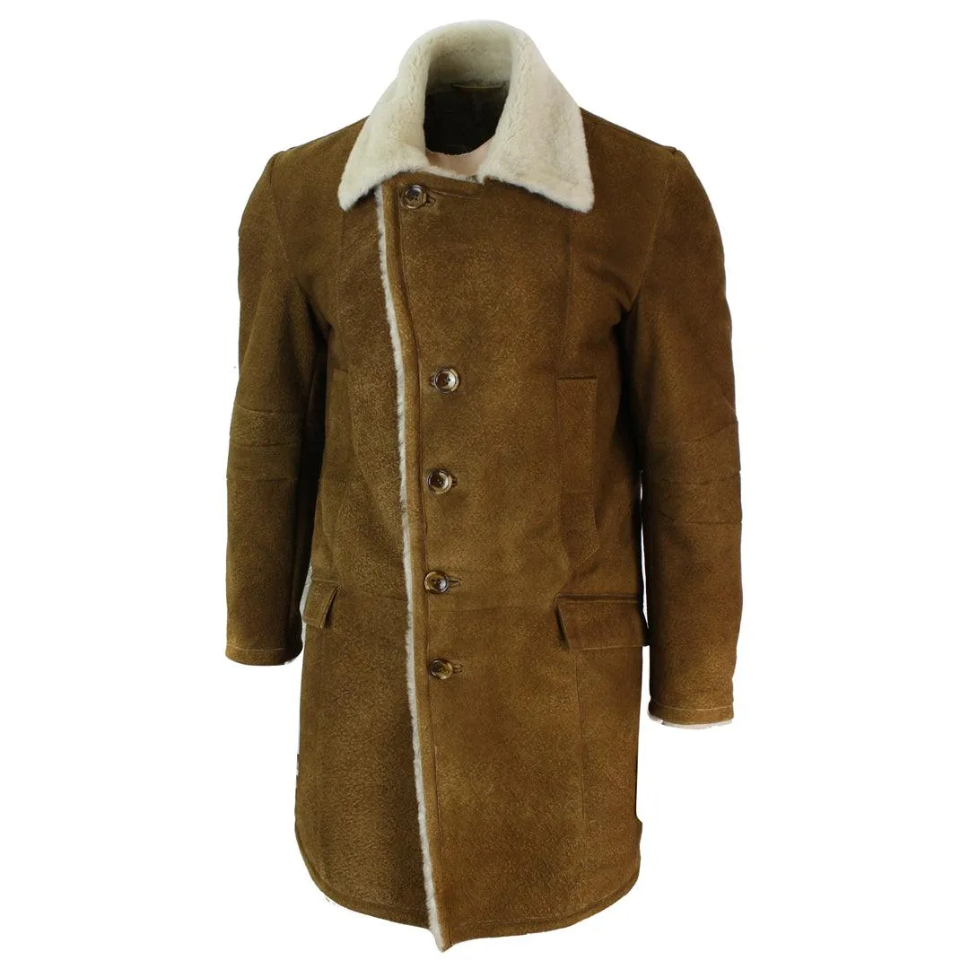 Mens Sherling Sheepskin Tan Brown Crombi 3/4 Overcoat Vintage Retro Winter Warm