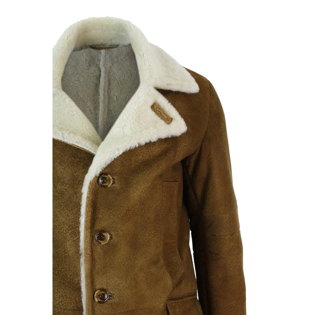 Mens Sherling Sheepskin Tan Brown Crombi 3/4 Overcoat Vintage Retro Winter Warm