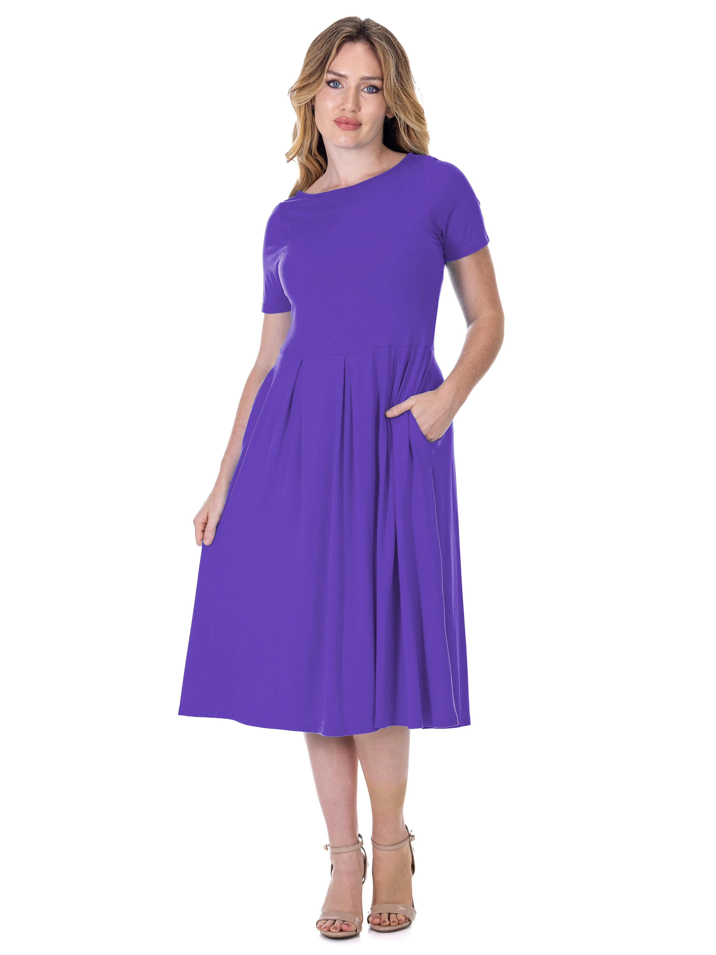 Midi Dress with Short Sleeves and Pocket Detail