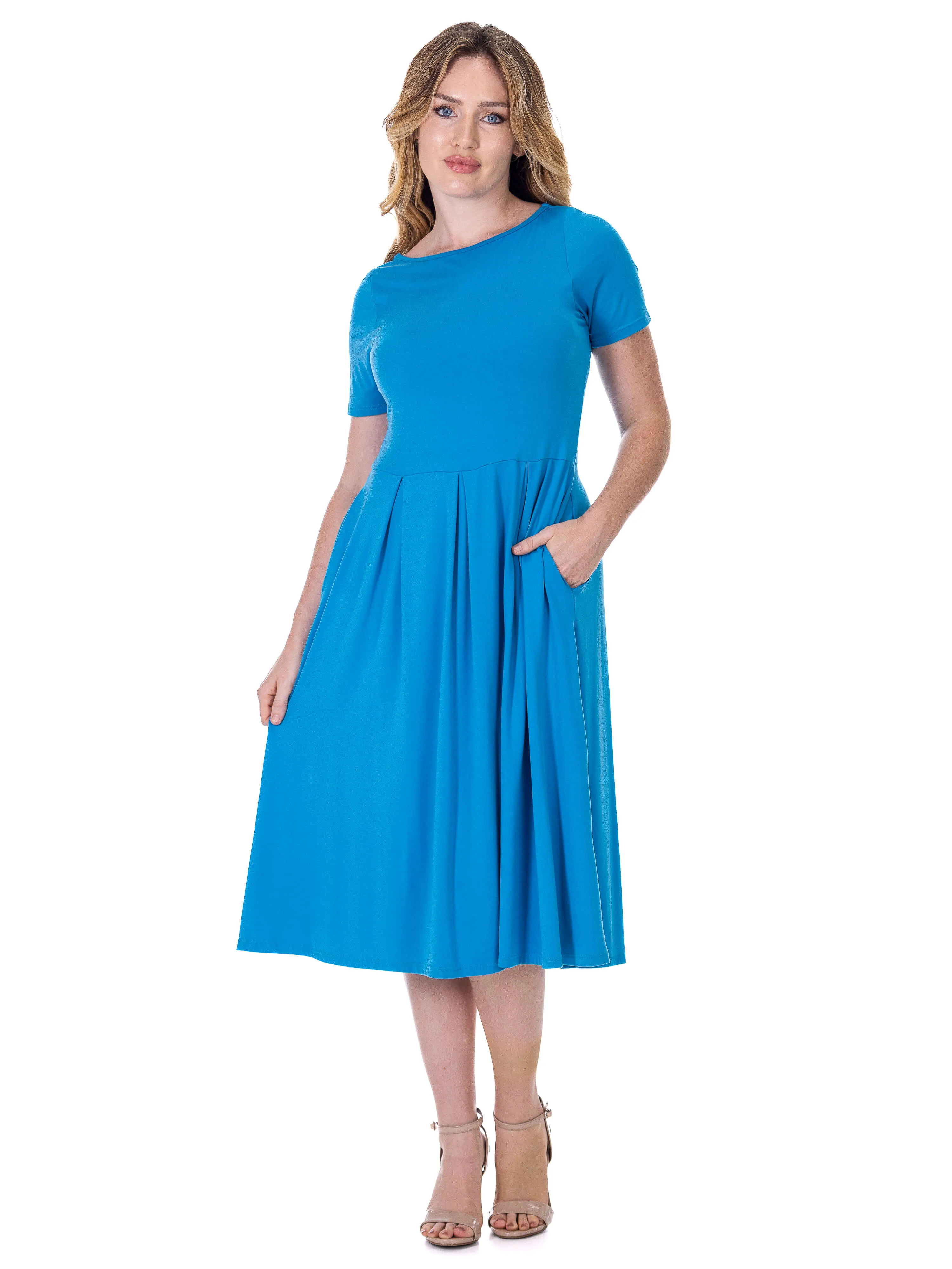 Midi Dress with Short Sleeves and Pocket Detail