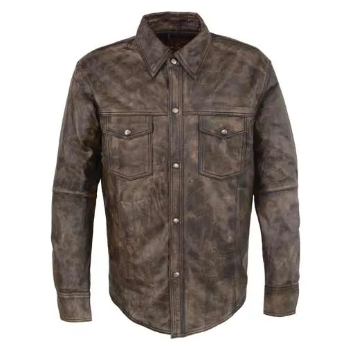 Milwaukee Leather MLM1606 Men's 'Button Down' Distressed Brown Casual Biker Leather Shirt