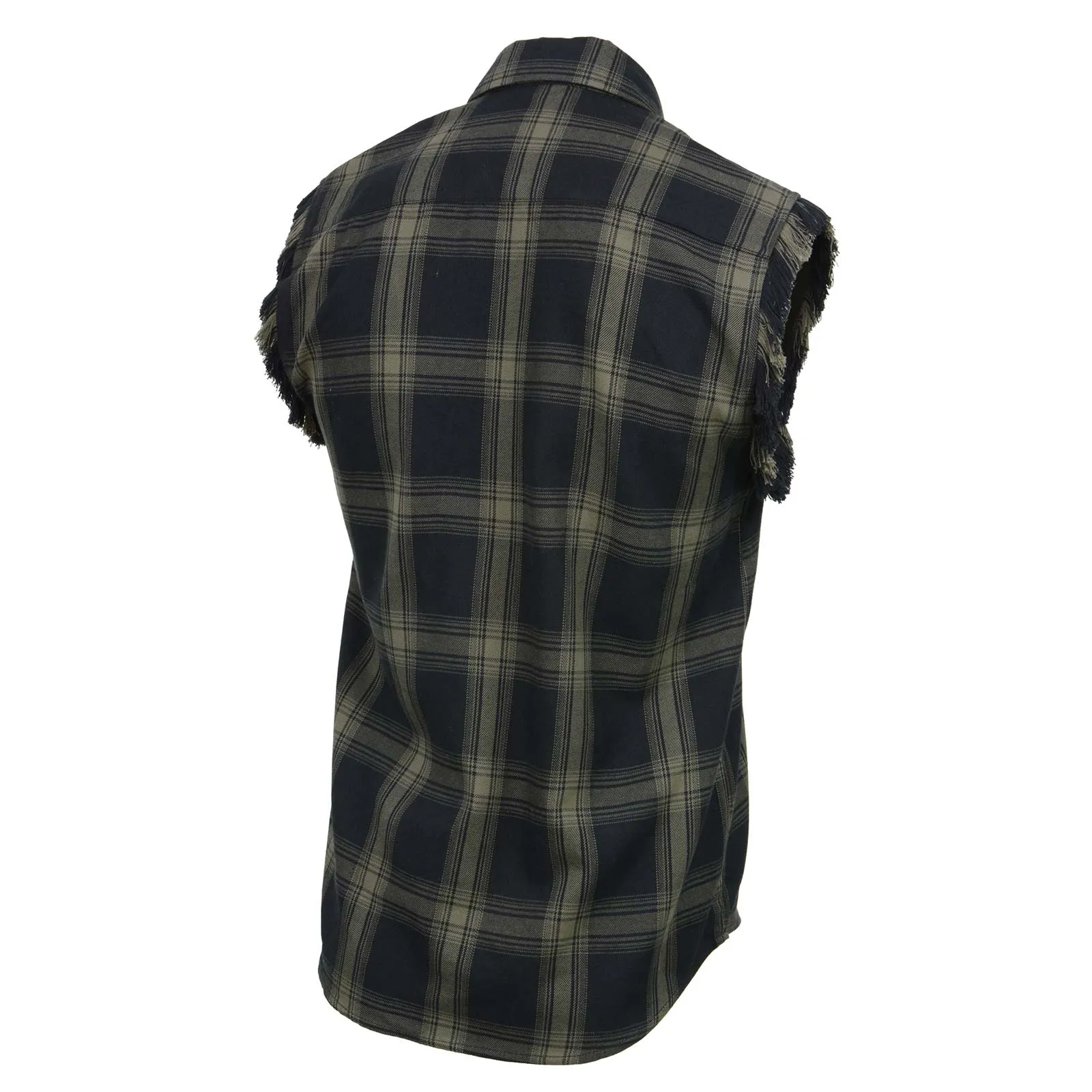 Milwaukee Leather MNG11695 Men’s Classic Black and Dark Grey Button-Down Flannel Cut Off Frayed Sleeveless Casual Shirt