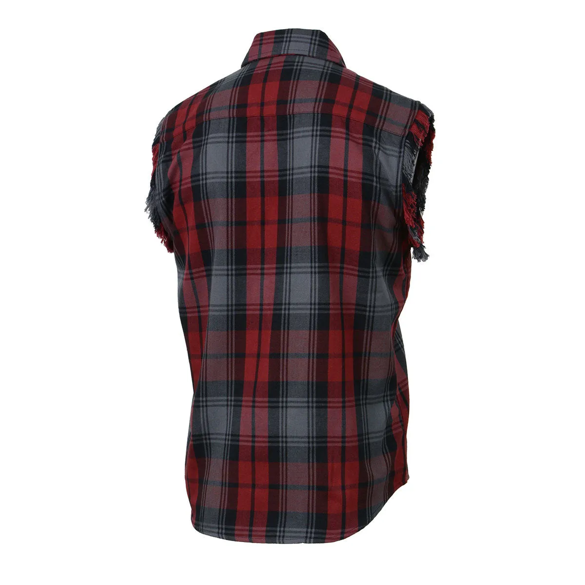 Milwaukee Leather MNG11696 Men’s Classic Black and Grey with Red Button-Down Flannel Cut Off Frayed Sleeveless Casual Shirt