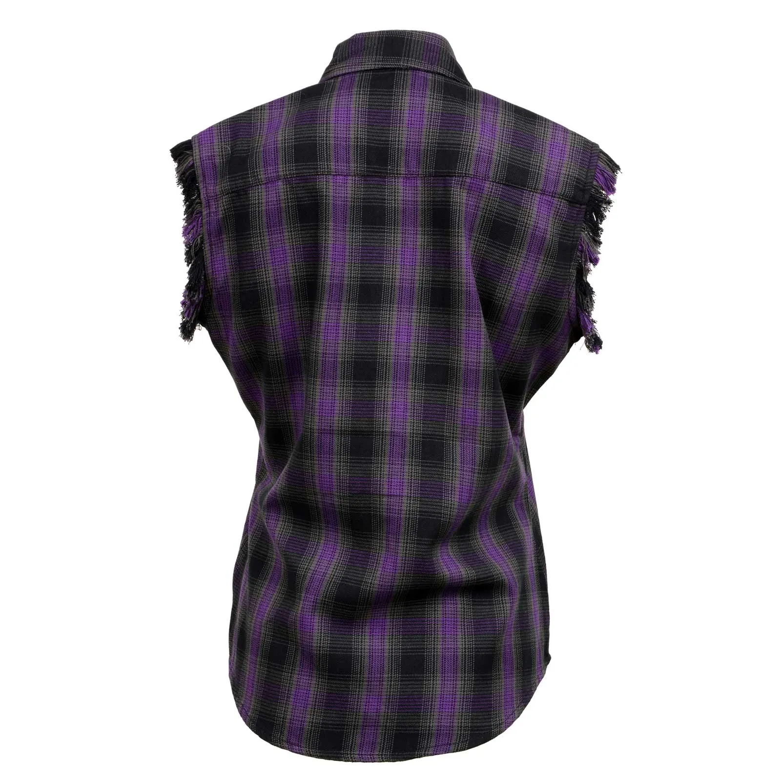 Milwaukee Leather MNG21624 Women's Flannel Black/Purple Button Down Sleeveless Cut Off Shirt w/ Frill Arm