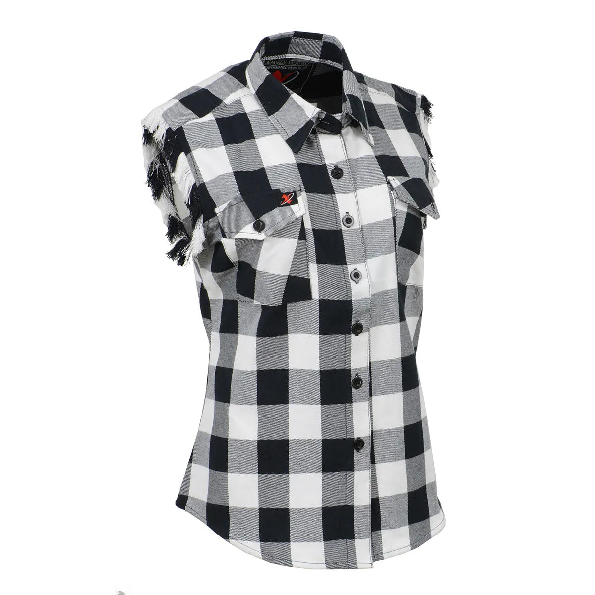 Milwaukee Leather MNG21625 Women's Flannel Down Sleeveless Shirt w/ Button Black / White & Cut Off Frill Arm Hole