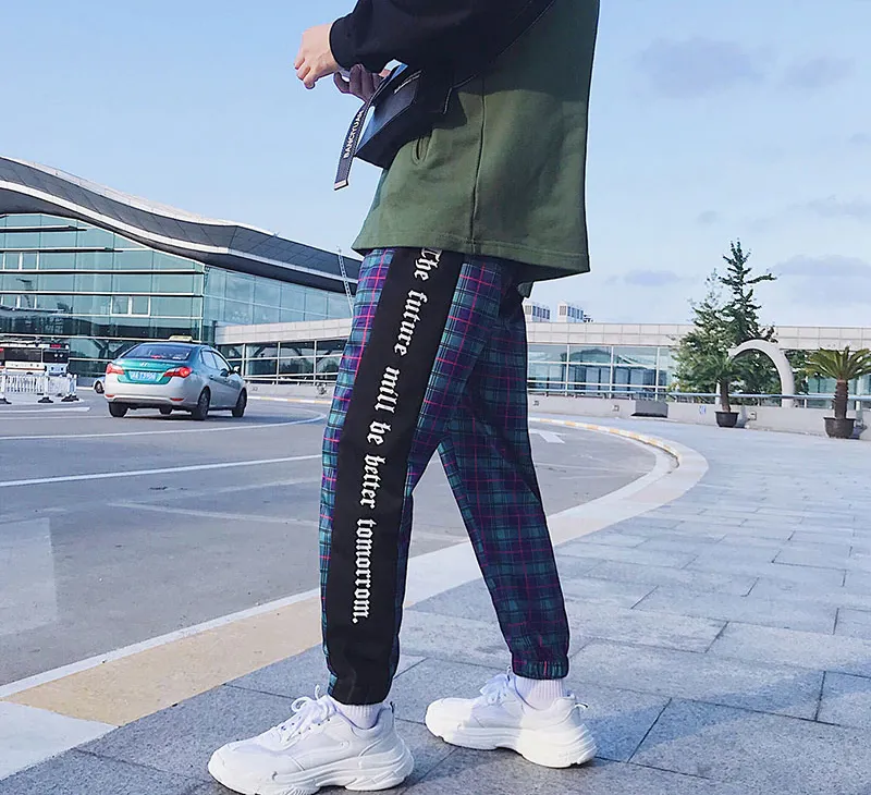 Plaid Cotton with Side Stripe Streetwear Jogger Hip Hop Style Men Pants