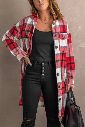 Plaid Red Flannel Overcoat with Button Front and Classic Collar