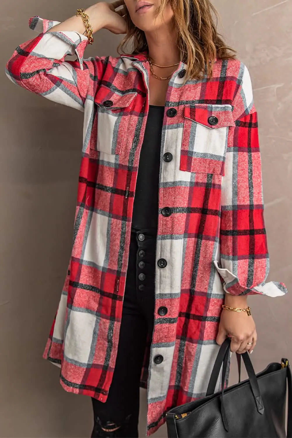 Plaid Red Flannel Overcoat with Button Front and Classic Collar