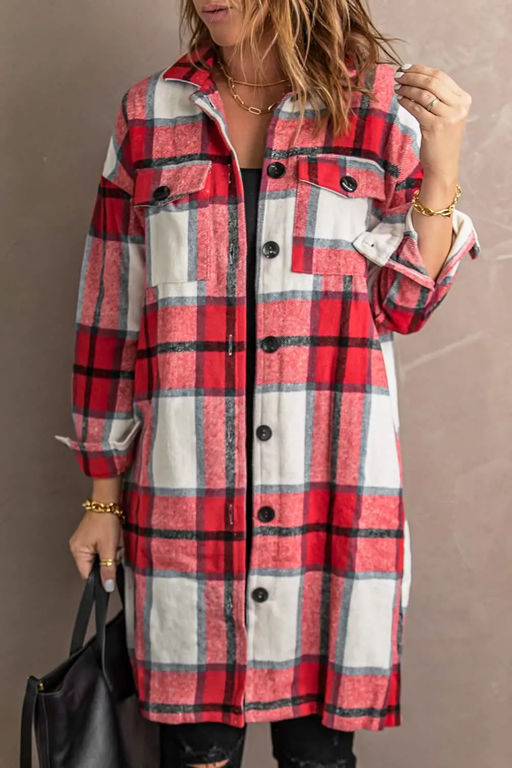 Plaid Red Flannel Overcoat with Button Front and Classic Collar