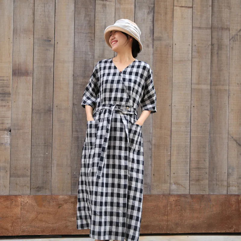 Plaid Summer Dress Casual Summer  Long Women Linen Dresses With Waist Belt Z972928