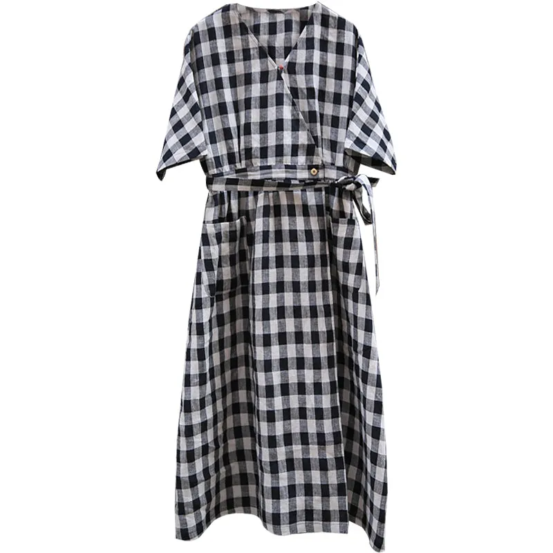 Plaid Summer Dress Casual Summer  Long Women Linen Dresses With Waist Belt Z972928