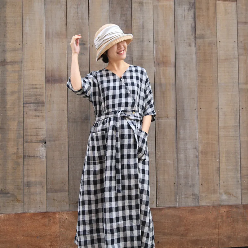 Plaid Summer Dress Casual Summer  Long Women Linen Dresses With Waist Belt Z972928