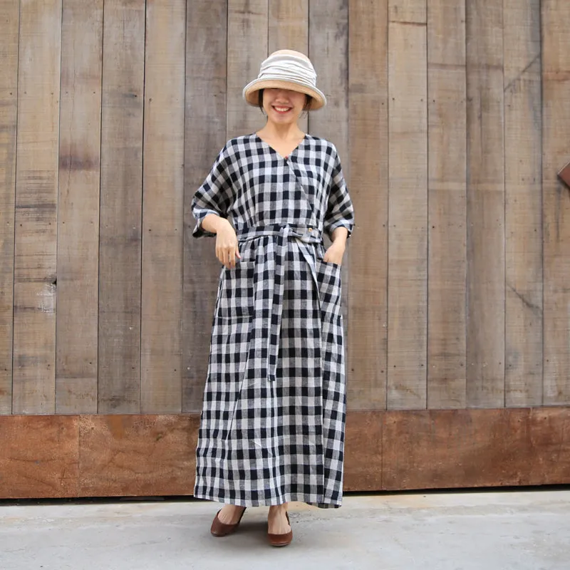 Plaid Summer Dress Casual Summer  Long Women Linen Dresses With Waist Belt Z972928