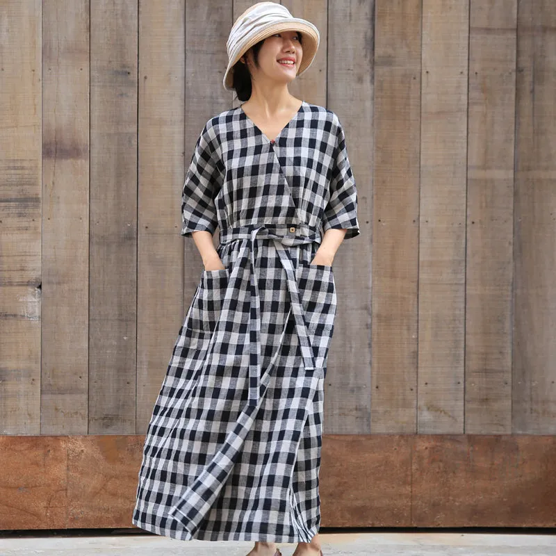 Plaid Summer Dress Casual Summer  Long Women Linen Dresses With Waist Belt Z972928