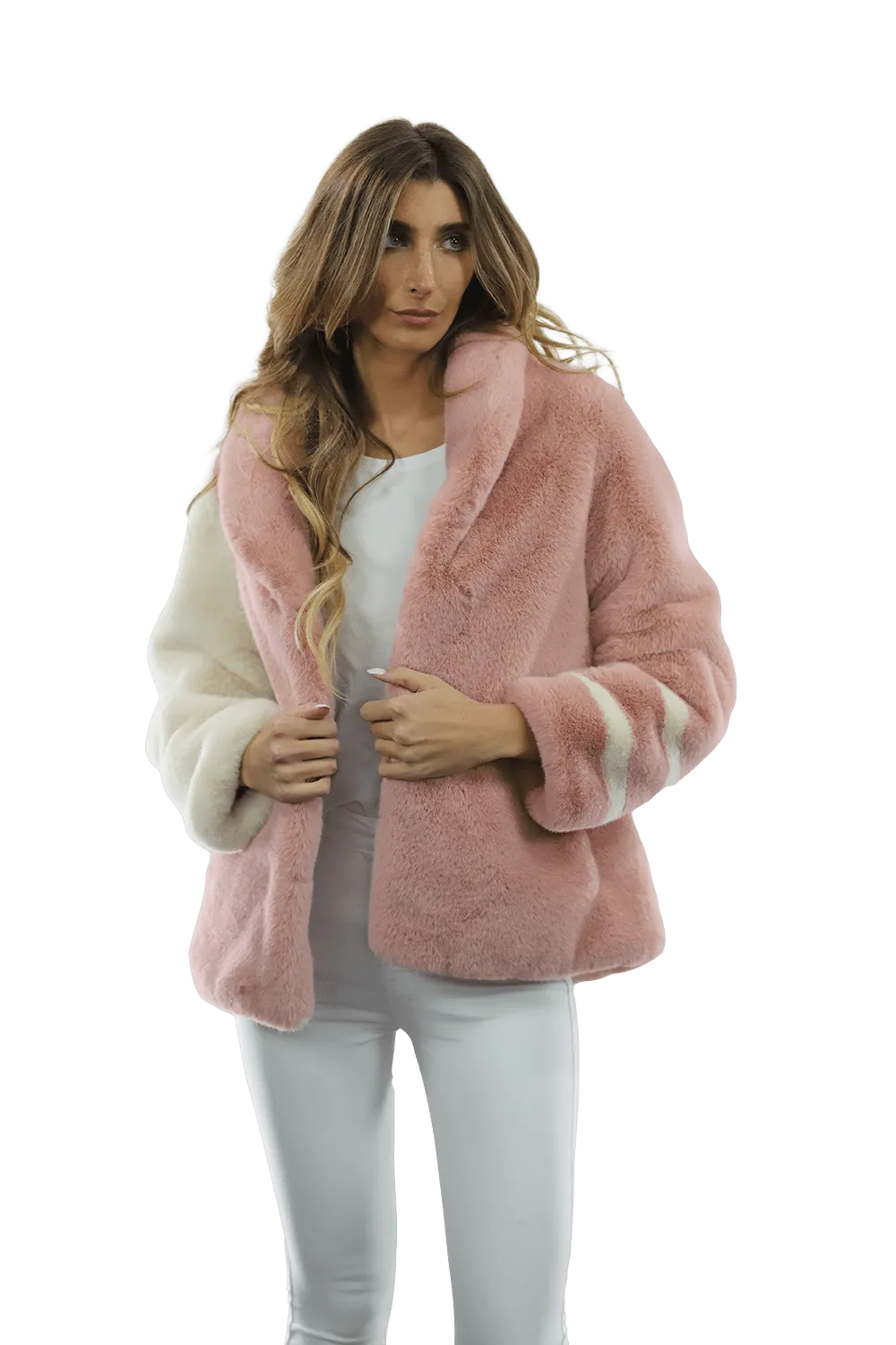 Plush Faux Fur Color Block Coat - Pink/White