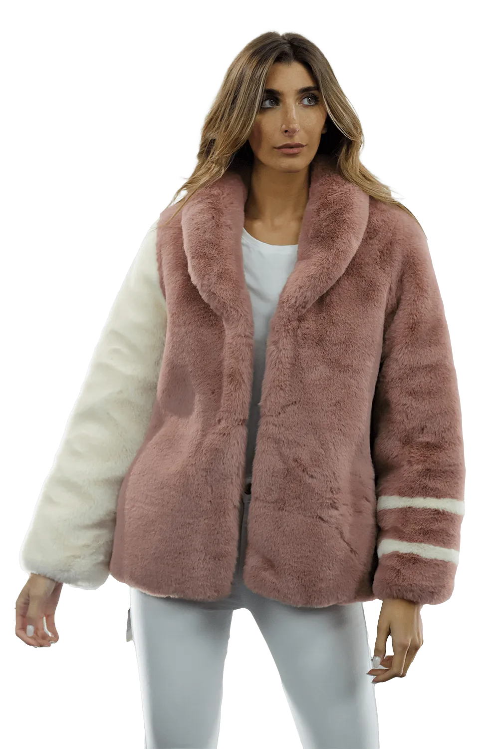 Plush Faux Fur Color Block Coat - Pink/White