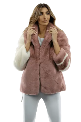 Plush Faux Fur Color Block Coat - Pink/White