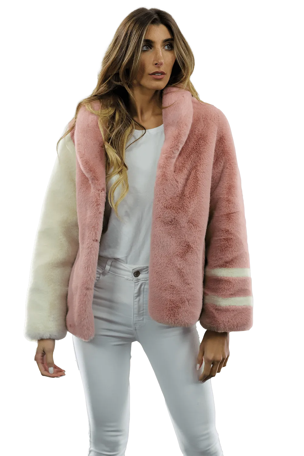 Plush Faux Fur Color Block Coat - Pink/White