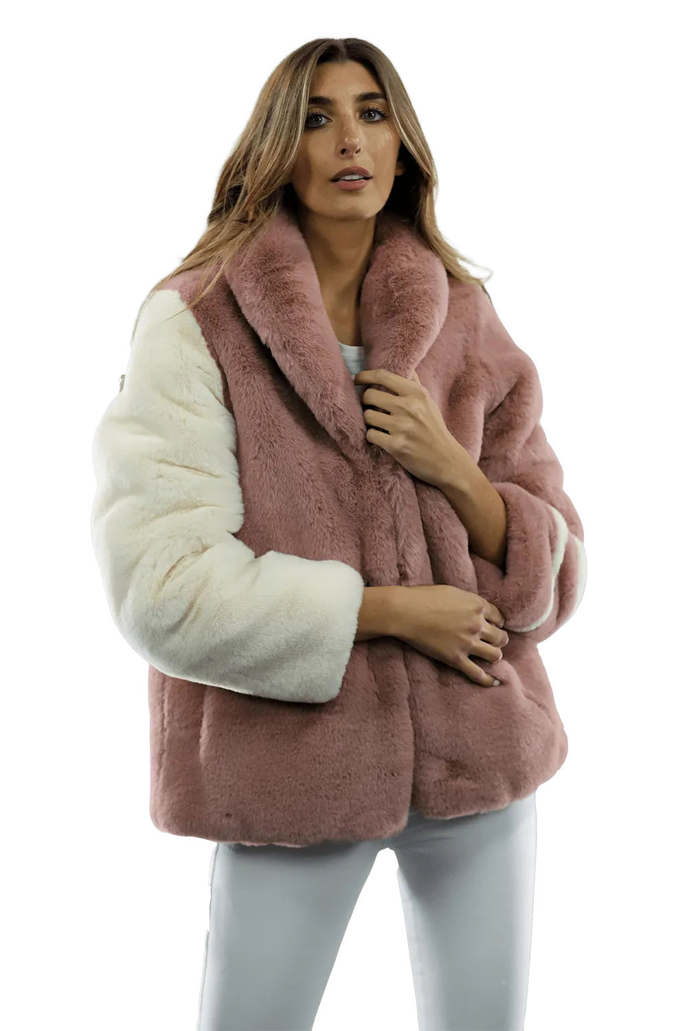 Plush Faux Fur Color Block Coat - Pink/White