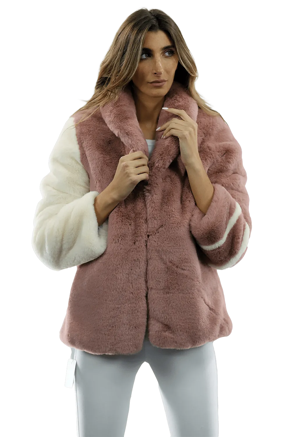 Plush Faux Fur Color Block Coat - Pink/White